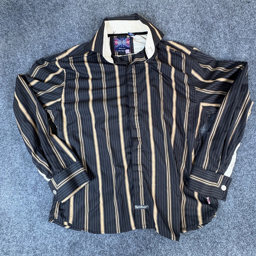English Laundry Shirt Mens 2XL Black Tan Striped Logo Embroidered Button Up